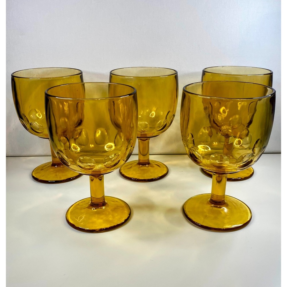 Vintage Mid-Century Set of 9 Bartlett Collins Amber Glass Thumbprint Goblets